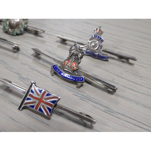 205 - SIX MILITARY SILVER AND ENAMEL BAR BROOCHES