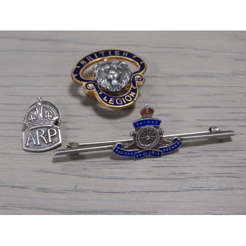 208 - A SILVER AND ENAMEL MILITARY BAR BROOCH, SILVER ARP BADGE ETC