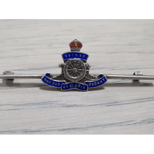 208 - A SILVER AND ENAMEL MILITARY BAR BROOCH, SILVER ARP BADGE ETC