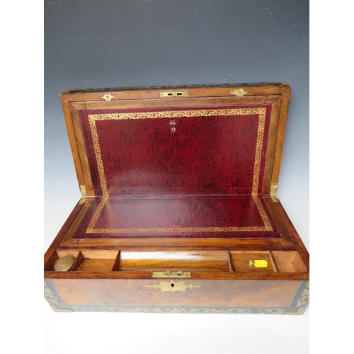 149 - A 19TH CENTURY WALNUT AND MAHOGANY WRITING SLOPE, with brass and painted inlaid decoration, W 50 cm