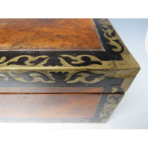 149 - A 19TH CENTURY WALNUT AND MAHOGANY WRITING SLOPE, with brass and painted inlaid decoration, W 50 cm