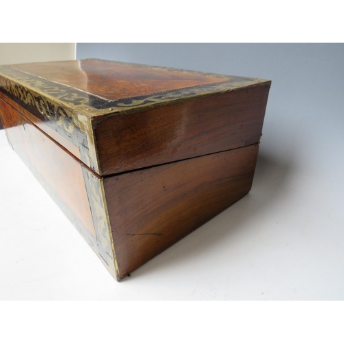 149 - A 19TH CENTURY WALNUT AND MAHOGANY WRITING SLOPE, with brass and painted inlaid decoration, W 50 cm