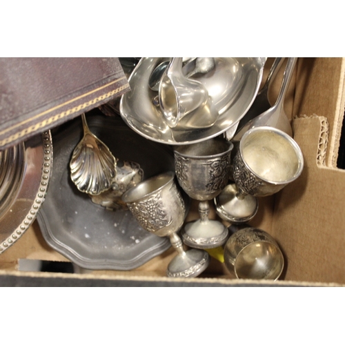 79 - A TRAY OF ASSORTED METALWARE TO INCLUDE A THREE PIECE TEASET, NAPKIN RINGS ETC