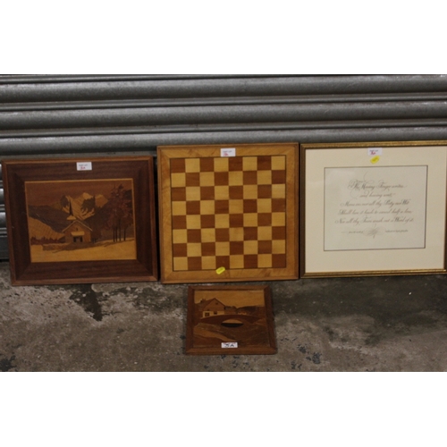 3A - A SELECTION OF ASSORTED MARQUETRY PICTURES, CHESS BOARD ETC