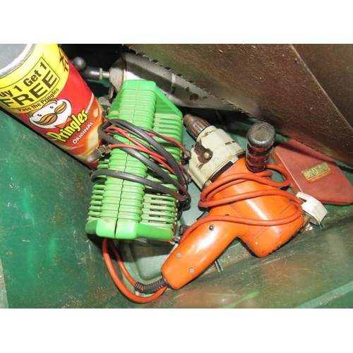 664 - TWO BOXES CONTAINING VARIOUS TOOLS, SAWS, DRILL SOCKET SET