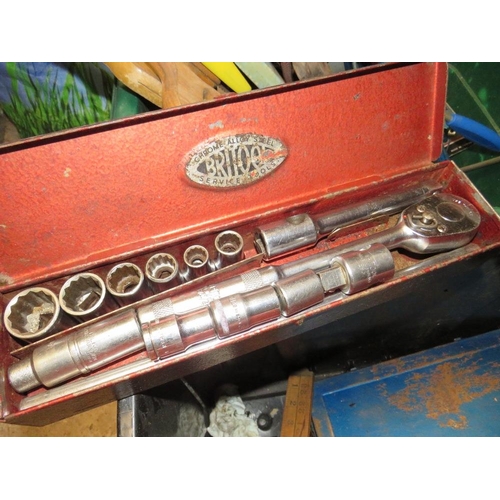 664 - TWO BOXES CONTAINING VARIOUS TOOLS, SAWS, DRILL SOCKET SET
