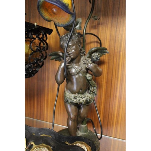 A SPELTER CHERUB TABLE LAMP, A PAIR OF MATCHING BLACK METAL TABLE