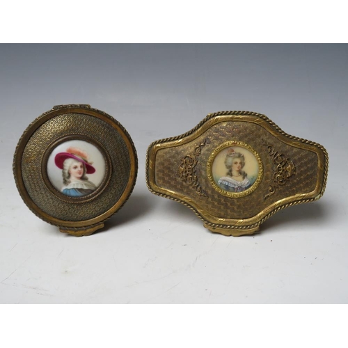109 - TWO LATE 19TH . EARLY 20TH CENTURY CONTINENTAL BRASS DECORATIVE TRINKET BOXES, each with a circular ... 
