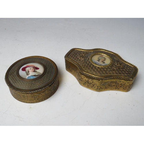109 - TWO LATE 19TH . EARLY 20TH CENTURY CONTINENTAL BRASS DECORATIVE TRINKET BOXES, each with a circular ... 
