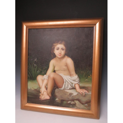 111 - A 20TH CENTURY STUDY OF A FEMALE SEMI-NUDE FIGURE, seated on a riverside rock, oil on canvas, unsign... 