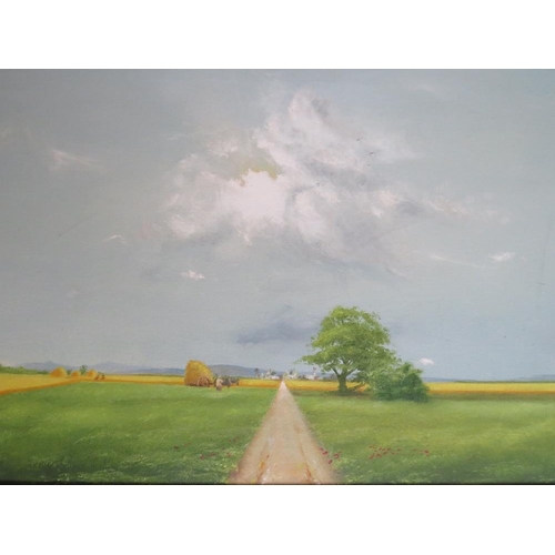 113 - NEIL FAULKNER (XX). North Staffordshire artist, extensive landscape under a sweeping sky with figure... 