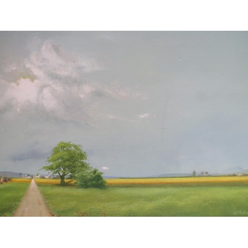 113 - NEIL FAULKNER (XX). North Staffordshire artist, extensive landscape under a sweeping sky with figure... 