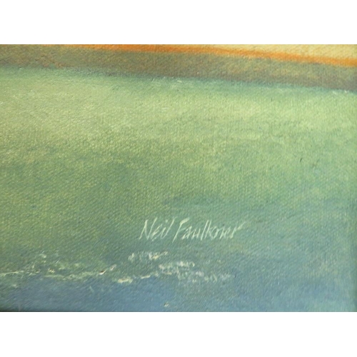 113 - NEIL FAULKNER (XX). North Staffordshire artist, extensive landscape under a sweeping sky with figure... 