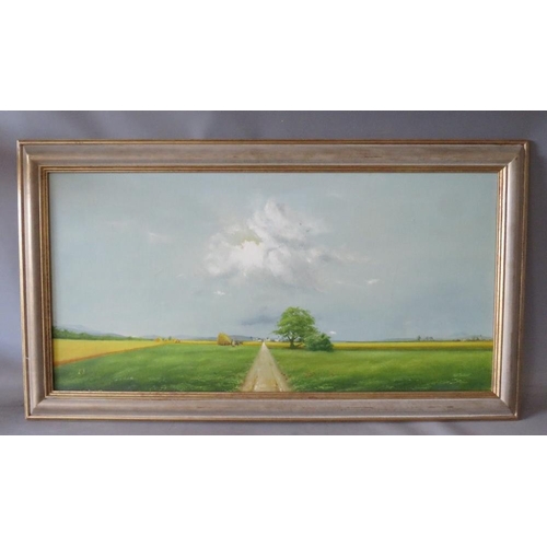 113 - NEIL FAULKNER (XX). North Staffordshire artist, extensive landscape under a sweeping sky with figure... 