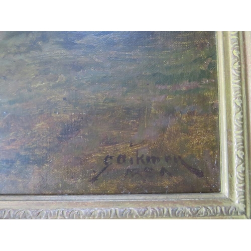 114 - GEORGE W. AIKMAN (1831-1906). Wooded lake scene with horse, cart and figures, cattle and misty hills... 