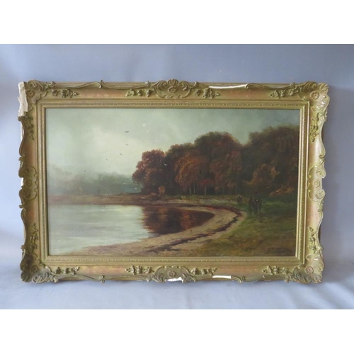 114 - GEORGE W. AIKMAN (1831-1906). Wooded lake scene with horse, cart and figures, cattle and misty hills... 