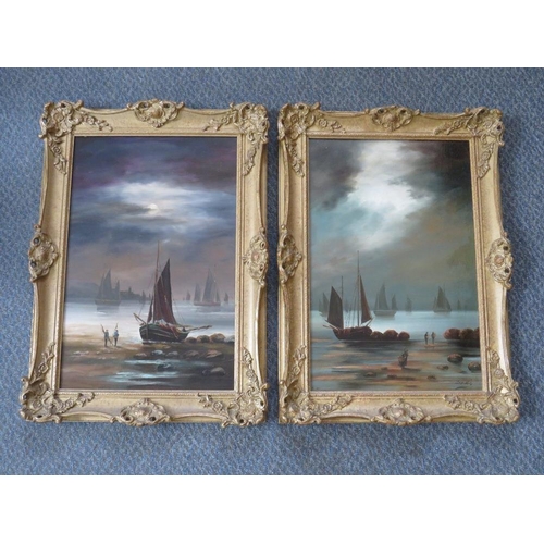 117 - VAN ?? (XX). Continental school, a pair of moonlit rocky shore scenes with figures and fishing boats... 