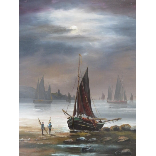 117 - VAN ?? (XX). Continental school, a pair of moonlit rocky shore scenes with figures and fishing boats... 