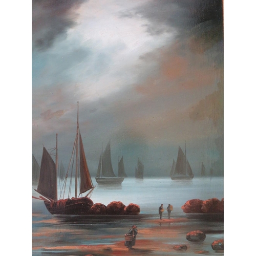 117 - VAN ?? (XX). Continental school, a pair of moonlit rocky shore scenes with figures and fishing boats... 