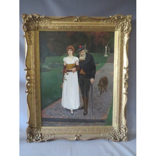 127 - CHARLES HAZLEWOOD SHANNON (1863-1937). A young girl and her grandfather taking a walk in an ornament... 