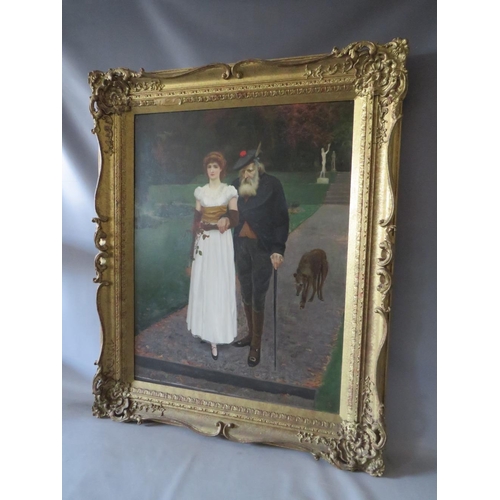 127 - CHARLES HAZLEWOOD SHANNON (1863-1937). A young girl and her grandfather taking a walk in an ornament... 