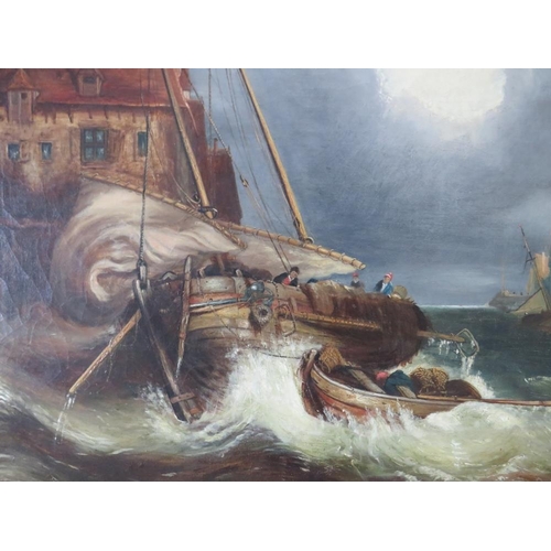 129 - ATTRIBUTED TO CLARKSON FREDERICK STANFIELD (1793-1867). A stormy Continental coastal town scene with... 