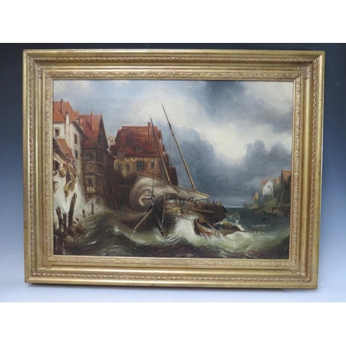 129 - ATTRIBUTED TO CLARKSON FREDERICK STANFIELD (1793-1867). A stormy Continental coastal town scene with... 