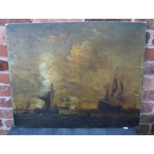 145 - CIRCLE OF PETER VAN DEN VELDE (1634-c1724). Dutch sailing ships in rough seas, oil on canvas, unfram... 
