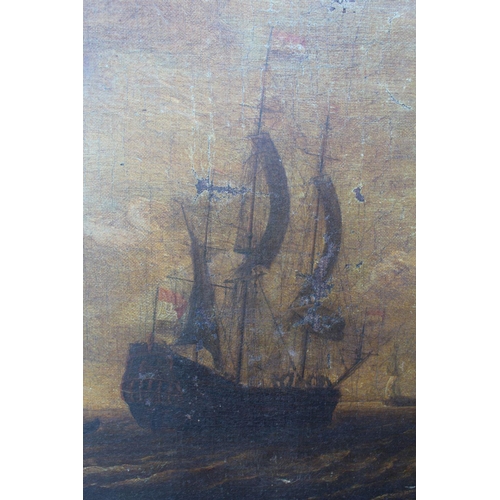 145 - CIRCLE OF PETER VAN DEN VELDE (1634-c1724). Dutch sailing ships in rough seas, oil on canvas, unfram... 