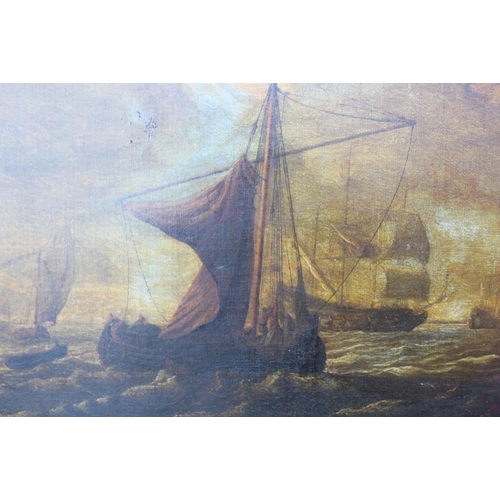 145 - CIRCLE OF PETER VAN DEN VELDE (1634-c1724). Dutch sailing ships in rough seas, oil on canvas, unfram... 