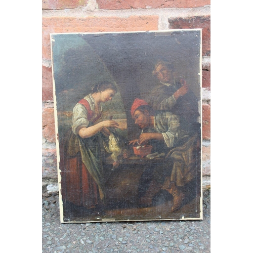 153 - MANNER OF DAVID TENIERS THE YOUNGER (18TH CENTURY). Three figures with game, oil on canvas, unframed... 