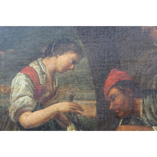 153 - MANNER OF DAVID TENIERS THE YOUNGER (18TH CENTURY). Three figures with game, oil on canvas, unframed... 
