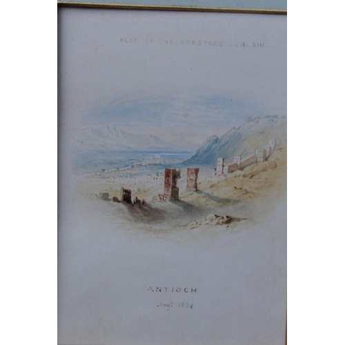 165 - ENGLISH SCHOOL (19TH CENTURY). A set of four - Tarsus, Jerusalem, Damascus and Antioch, in one gilt ... 