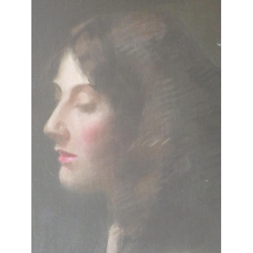 174 - (XIX-XX). A head and shoulder portrait study of a young woman, unsigned, oil on canvas, framed and g... 
