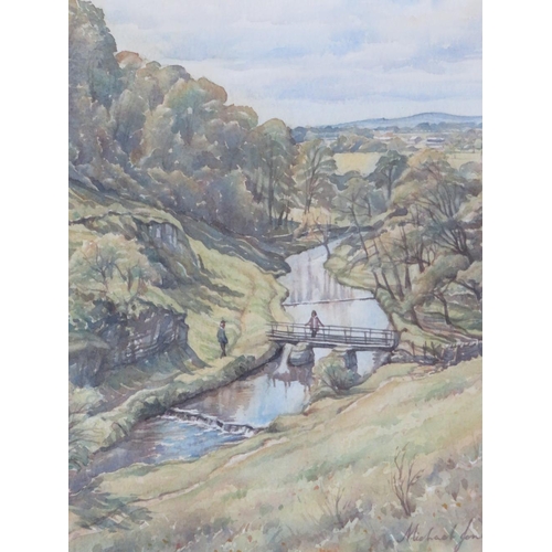 69 - MICHAEL JONES (XX). British school, 'River Dove in Wolfscote Dale', with figures, see verso, signed ... 