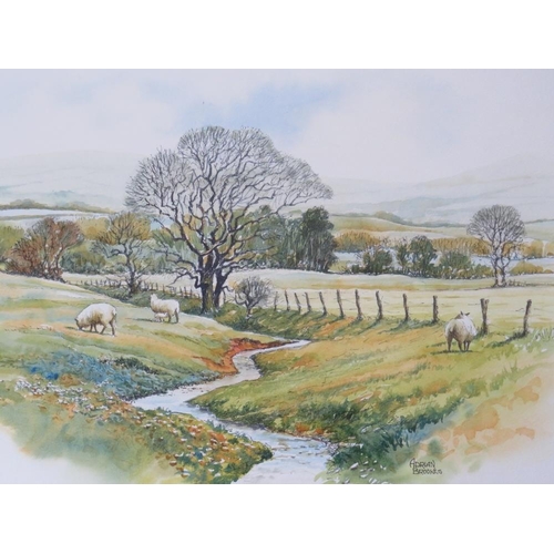 71 - ADRIAN BROOKES (b.1965). Wooded landscape with sheep by a stream, hills beyond, 'The Quiet Hills', s... 