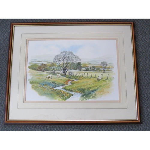 71 - ADRIAN BROOKES (b.1965). Wooded landscape with sheep by a stream, hills beyond, 'The Quiet Hills', s... 