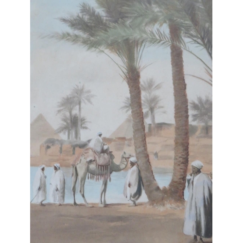 72 - FREDERICK HANCOCK (XIX-XX). British school, 'Pyramids by The Nile', with camels and figures, see ver... 