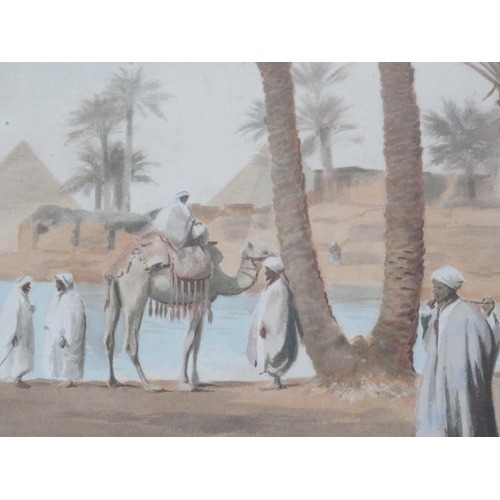 72 - FREDERICK HANCOCK (XIX-XX). British school, 'Pyramids by The Nile', with camels and figures, see ver... 