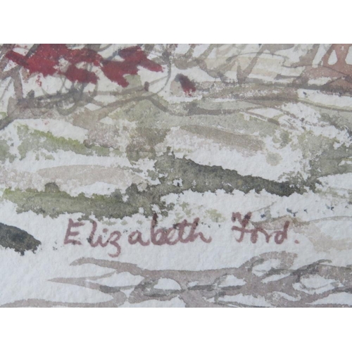 73 - ELIZABETH FORD (XX). Staffordshire artist, study of derelict farm buildings, signed lower left, wate... 