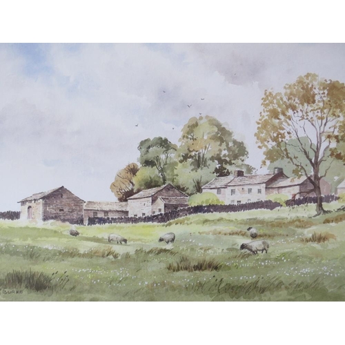 74 - PETER J BURKE (XX). British school 'A Moorland Farmstead', with sheep, see verso, signed lower left,... 