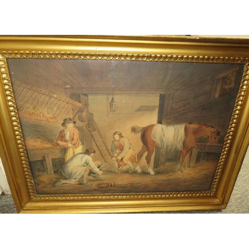 79 - ENGLISH SCHOOL (XIX). Dog fighting in a stable, watercolour, gilt framed and glazed, 85.5 x 50 cm
