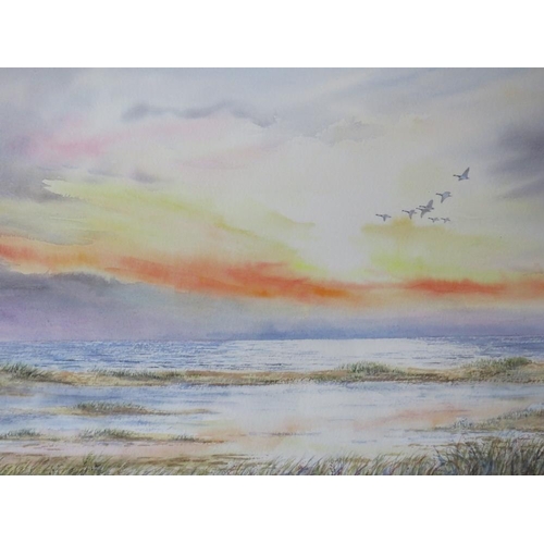 84 - JENNY E. CAINE (XX). Lincolnshire artist, 'Sunrise Gibraltar Point', with geese in flight, see verso... 