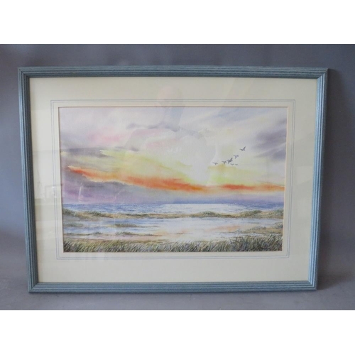84 - JENNY E. CAINE (XX). Lincolnshire artist, 'Sunrise Gibraltar Point', with geese in flight, see verso... 
