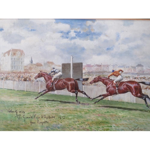 85 - JOHN BEER (XIX-XX). British school horse racing scene 'Velocity Wins the Grand Prix D'Ostende 1907',... 