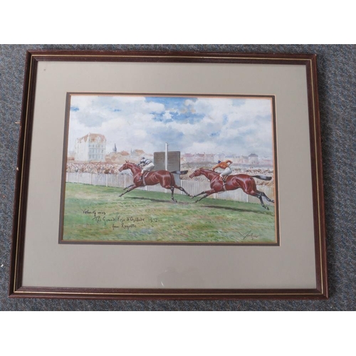 85 - JOHN BEER (XIX-XX). British school horse racing scene 'Velocity Wins the Grand Prix D'Ostende 1907',... 