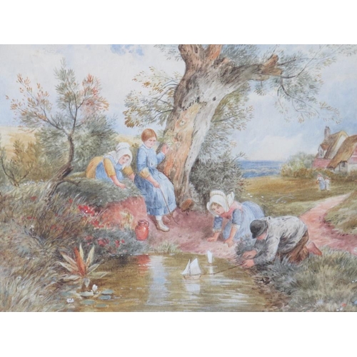 89 - B.F. (XIX). Rural scene with children playing with boats in a pond, cottage in background, signed wi... 