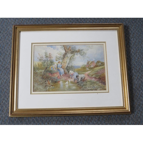 89 - B.F. (XIX). Rural scene with children playing with boats in a pond, cottage in background, signed wi... 