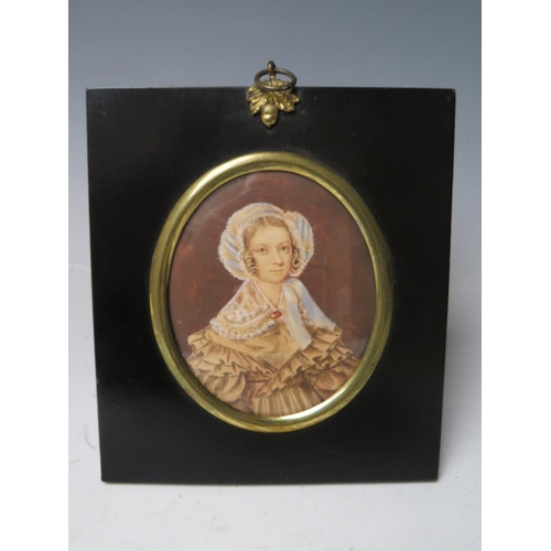 99 - A 19TH CENTURY OVAL PORTRAIT MINIATURE OF HANNAH JAMES AGED 26, see verso, unsigned, watercolour on ... 