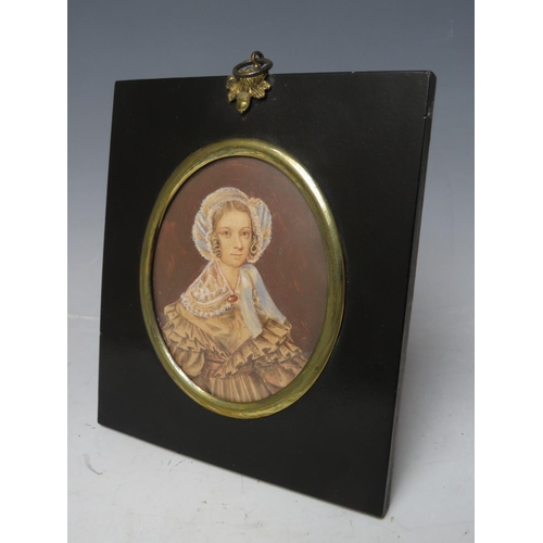 99 - A 19TH CENTURY OVAL PORTRAIT MINIATURE OF HANNAH JAMES AGED 26, see verso, unsigned, watercolour on ... 